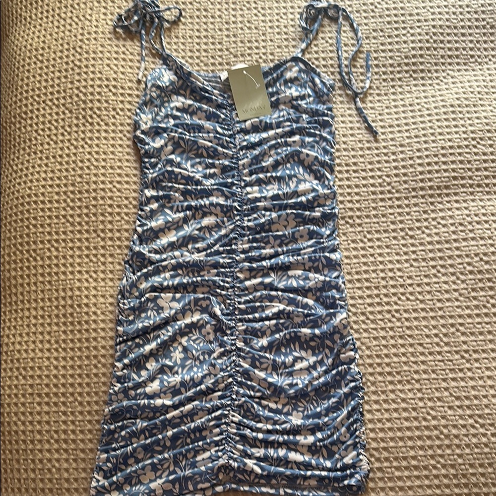 Blue and White Floral Ruched Dress